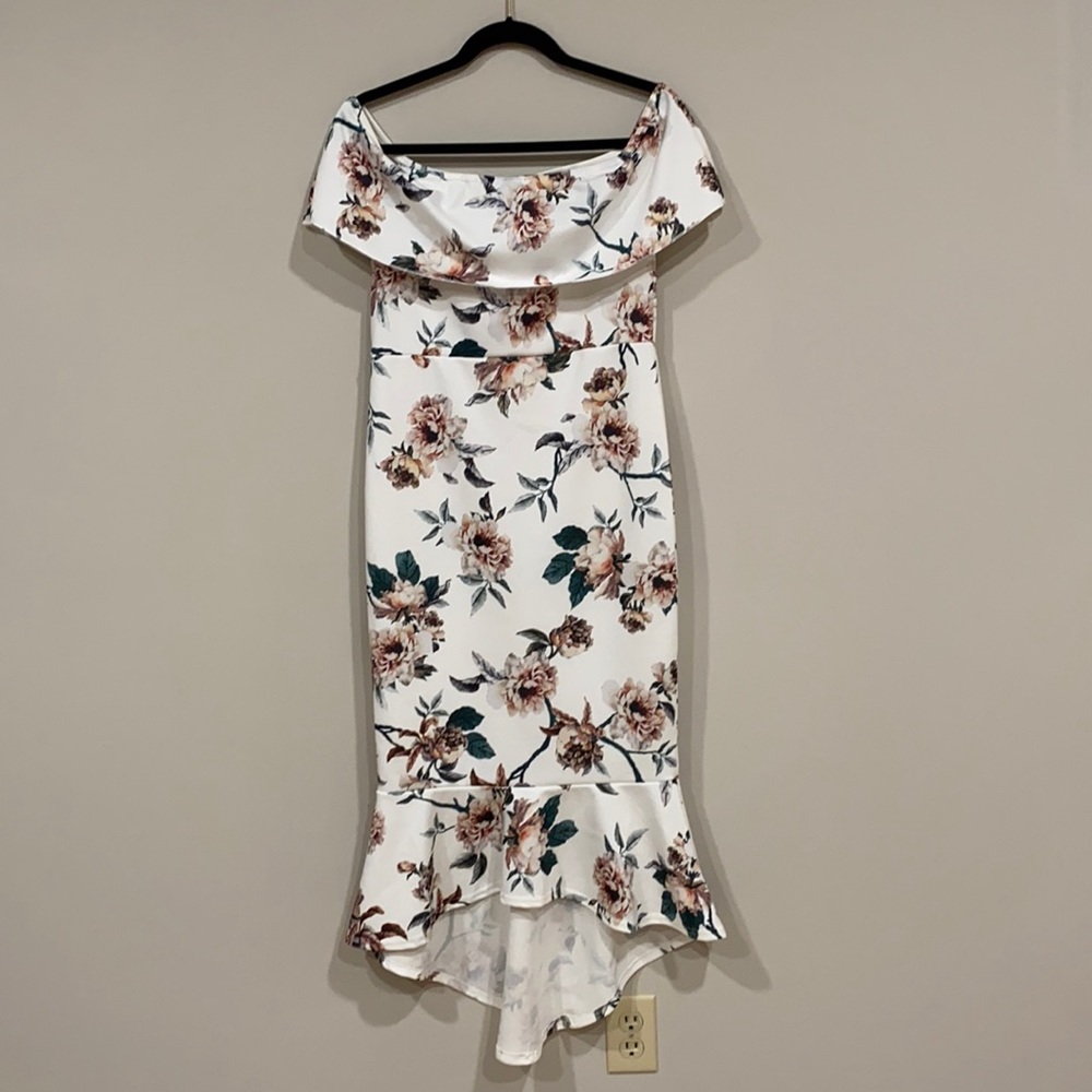 Boohoo Floral Bardot Frill Hem MIDI Dress